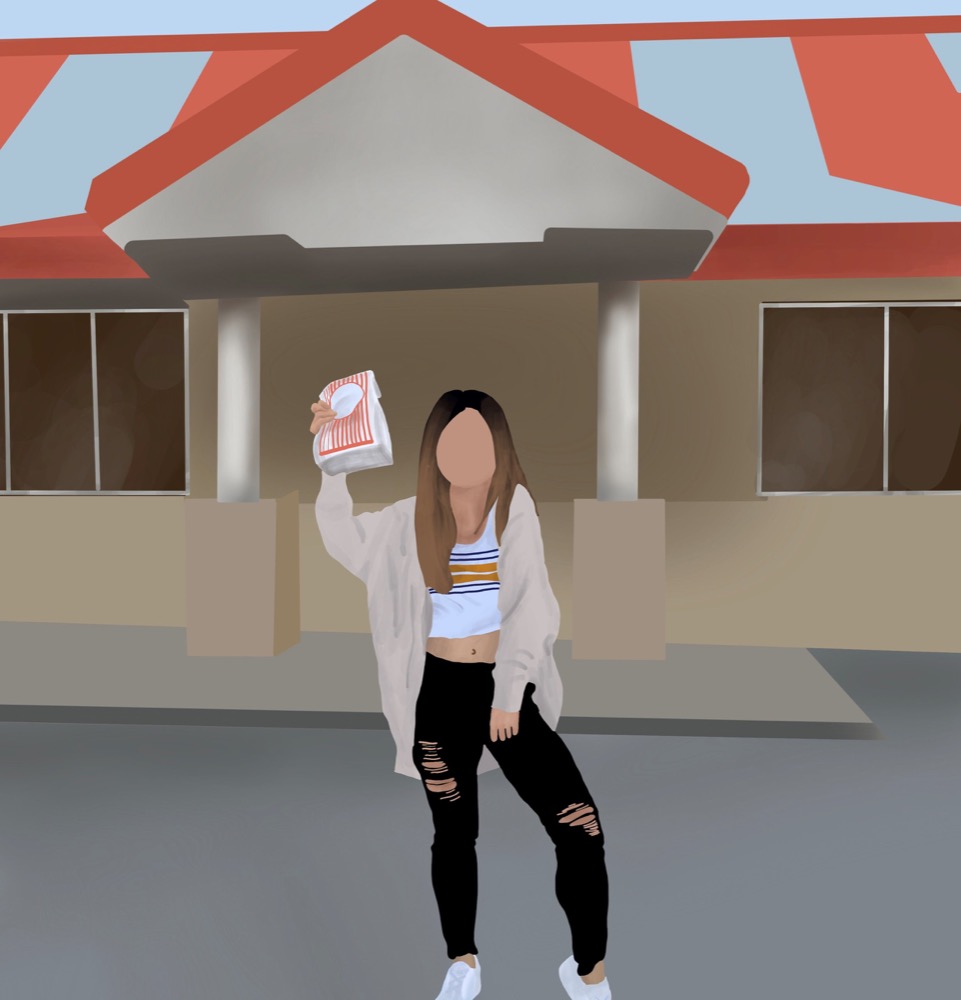 digital illustration of a woman holding a striped takeout bag
