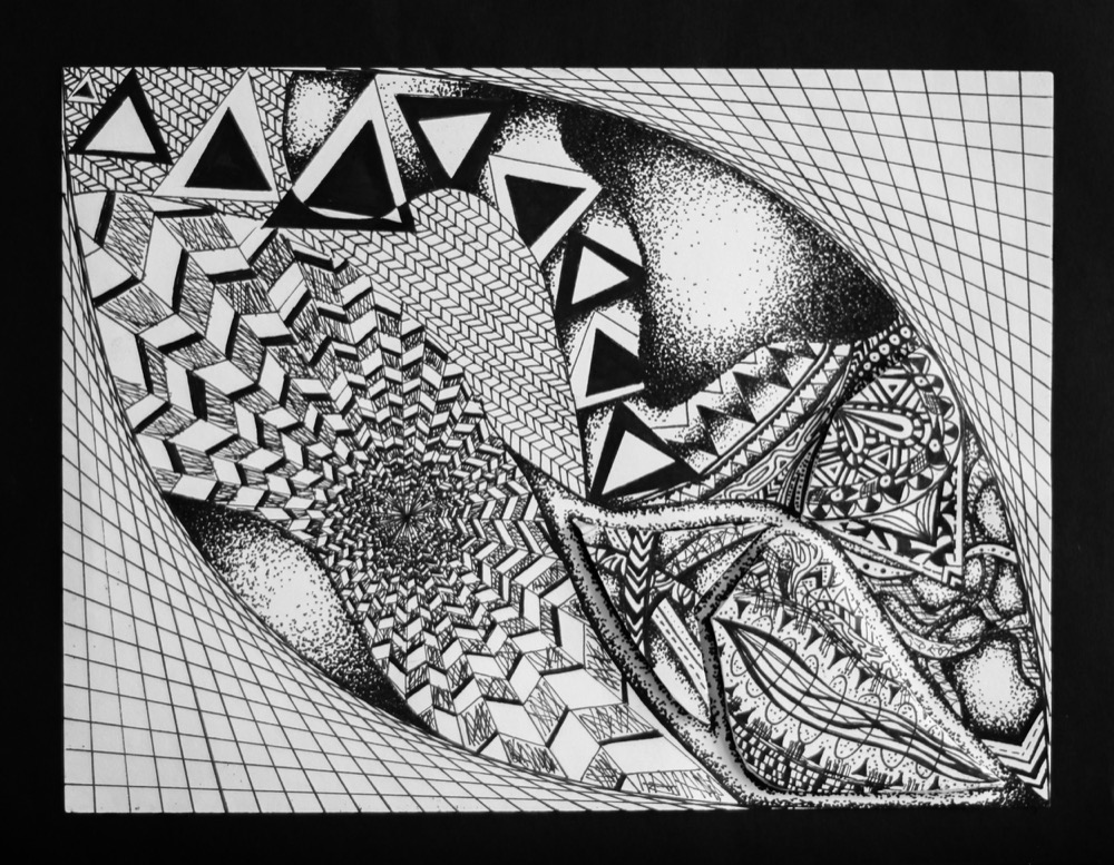 black-and-white ink drawing of layered geometric patterns
