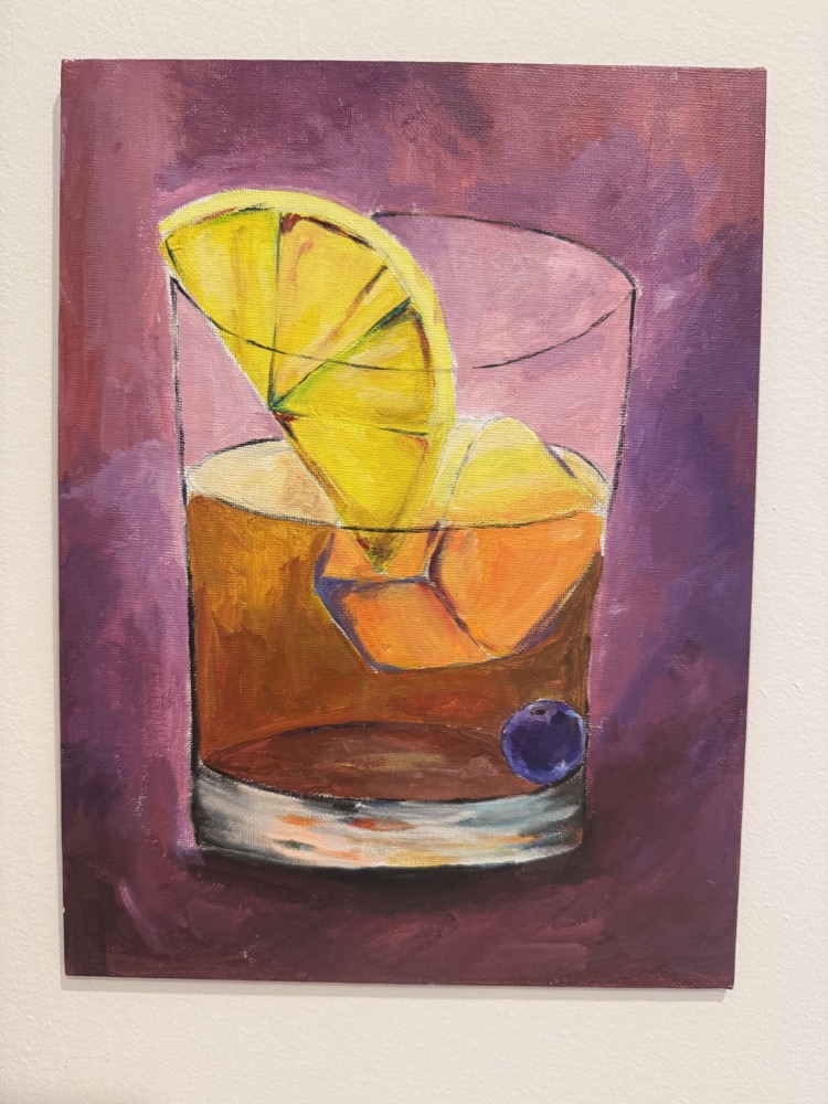 painting of an iced cocktail with a lemon wheel