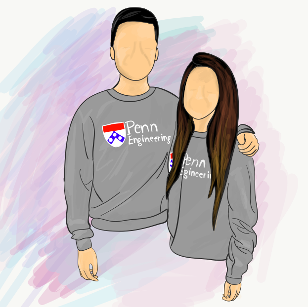 illustration of a couple in penn engineering sweatshirts