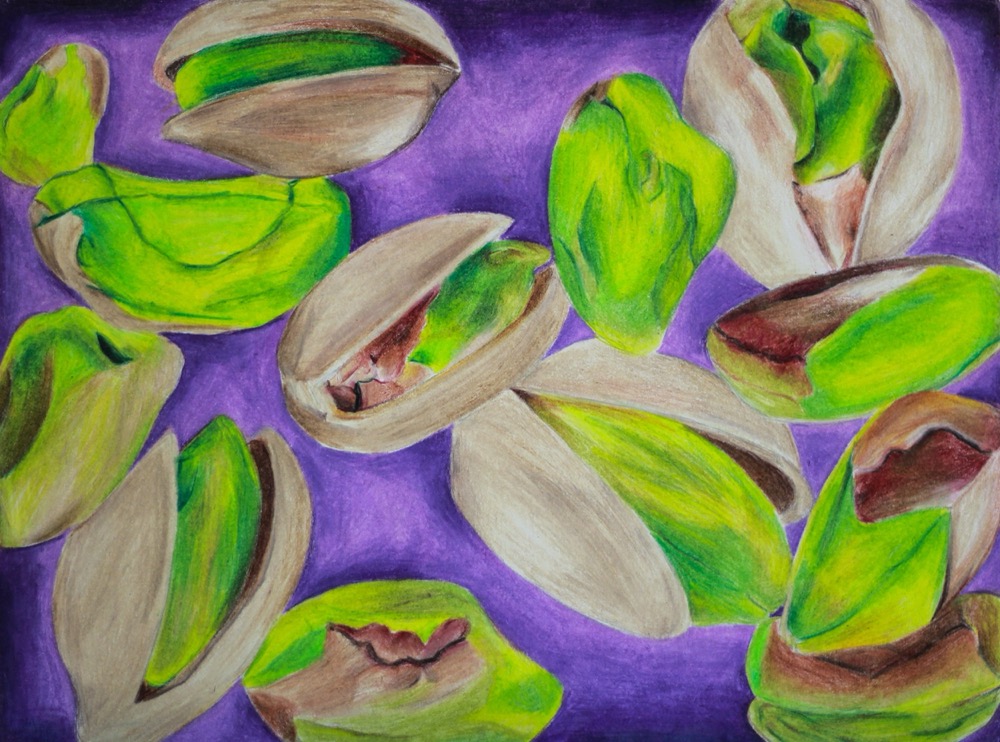 colored pencil drawing of pistachios on purple