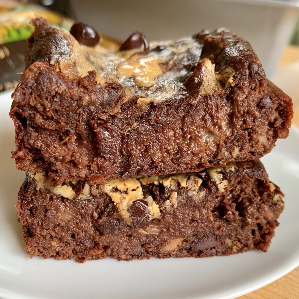 stacked fudgy brownies with peanut butter swirl