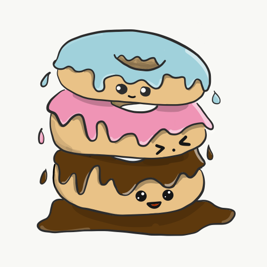 cartoon drawing of three stacked donuts with faces